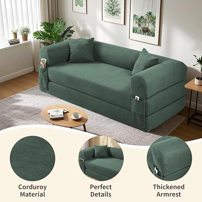 80" Convertible Sofa Bed, Corduroy Deep Seat Folding Pull Out Couch with Pillows, No Assembly Modern Boneless Couch Compression Sofa in Box, Floor Sofa with Storage Pocket for Living Room,Light Green