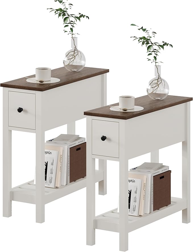 ChooChoo Narrow End Table, Small Side Table for Small Spaces, Slim End Table with Drawer, Narrow Nightstand Bedside Table for Living Room Bedroom, White, 2 Pack