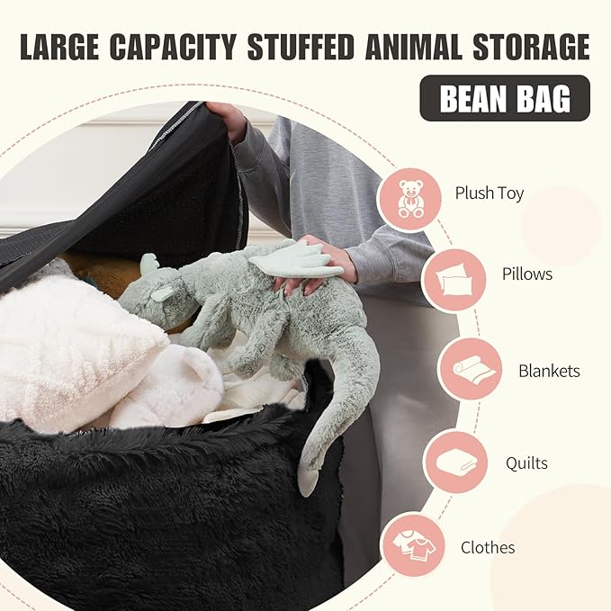 Bean Bag Cover(No Filler), Fluffy Beanbag Chairs Cover Only, Stuffed Animal Storage Bean Bag, Washable Lazy Sofa Beanbag Cover without Filler, 6FT, Black
