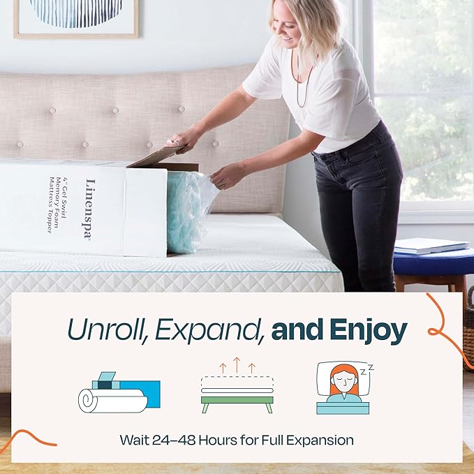 Linenspa 4 Inch Gel Swirl Memory Foam Mattress Topper – Cooling Gel Infused – Pressure Relieving Bed Topper - Mattress Pad – CertiPUR Certified - California King Size