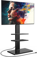 FITUEYES Floor TV Stand for 32-75 inch TV with Power Outlet, Tall TV Mount for Bedroom Living Room with Tempered Glass Base, TV Stand with Mount Holds Up to 88lbs MAX VESA 600x400mm,Black