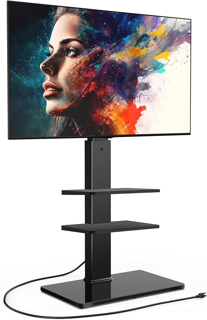 FITUEYES Floor TV Stand for 32-75 inch TV with Power Outlet, Tall TV Mount for Bedroom Living Room with Tempered Glass Base, TV Stand with Mount Holds Up to 88lbs MAX VESA 600x400mm,Black