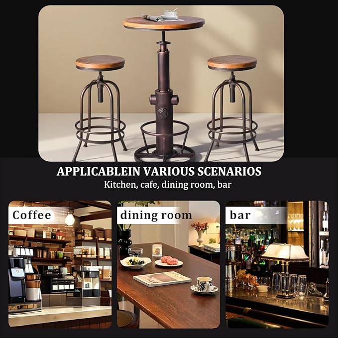 Industrial Bar Table Swivel Round Wooden Top Height Adjustable 38.6-44.4inch Vintage Kitchen Dining Chair Coffee Table Hydrant Design Bistro Table