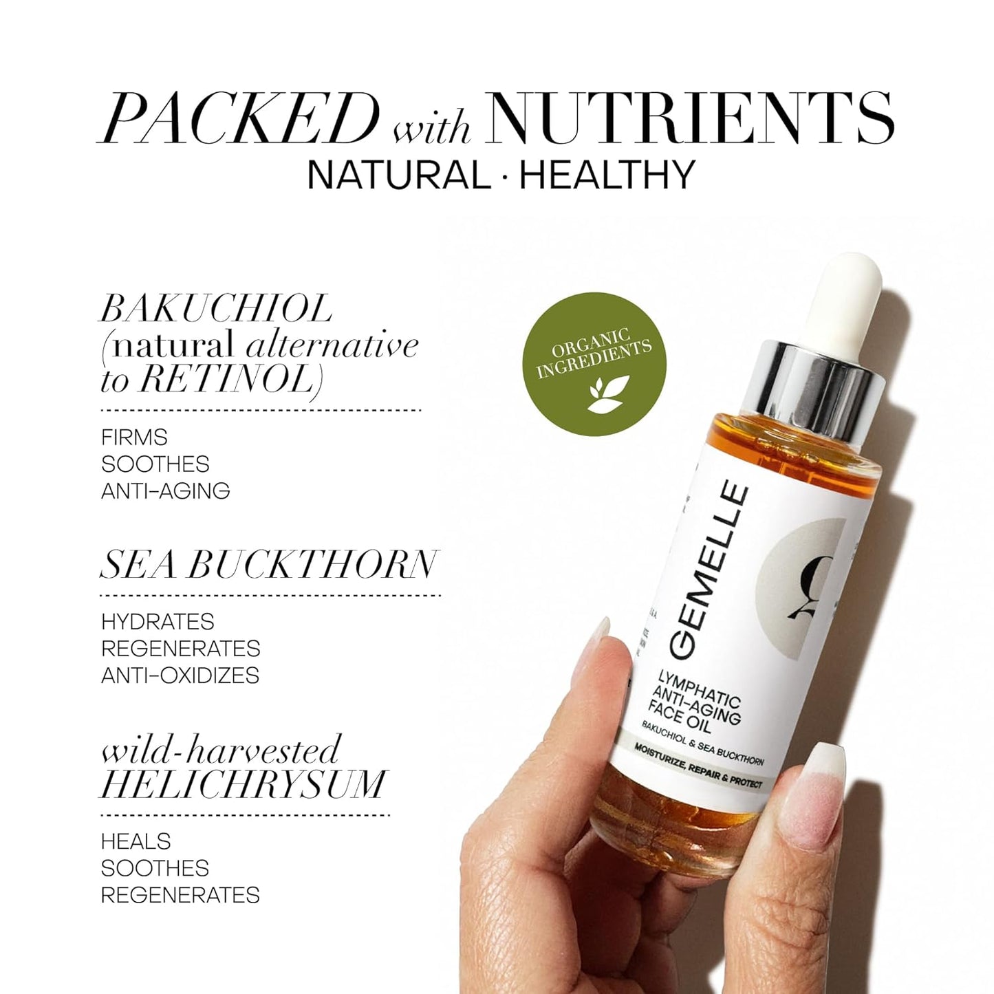 GEMELLE Lymphatic Anti-Aging Face Oil | 10x Award Winner | Vitamin C,E,A | Moisturize, Repair & Protect | Premium Natural Botanical Oil | Use with Face Massage, Lymphatic Drainage Massager - 30ml