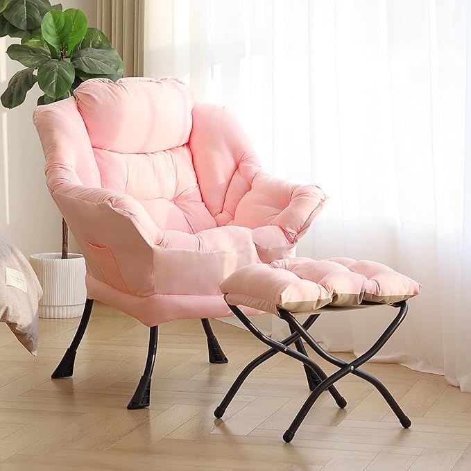 Lazy Chair with Ottoman, Modern Reading Lounge Accent Chair with Armrests and a Side Pocket, Leisure Upholstered Lazy Sofa Set with Footrest for Small Space, Pink