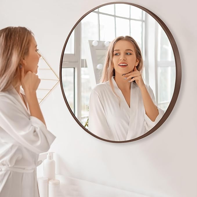 36 inch Circle Wall Mirror, Brushed Bronze Metal Framed Round Mirror for Bathroom Vanity, Bedroom Decor, Living Room, Entryway