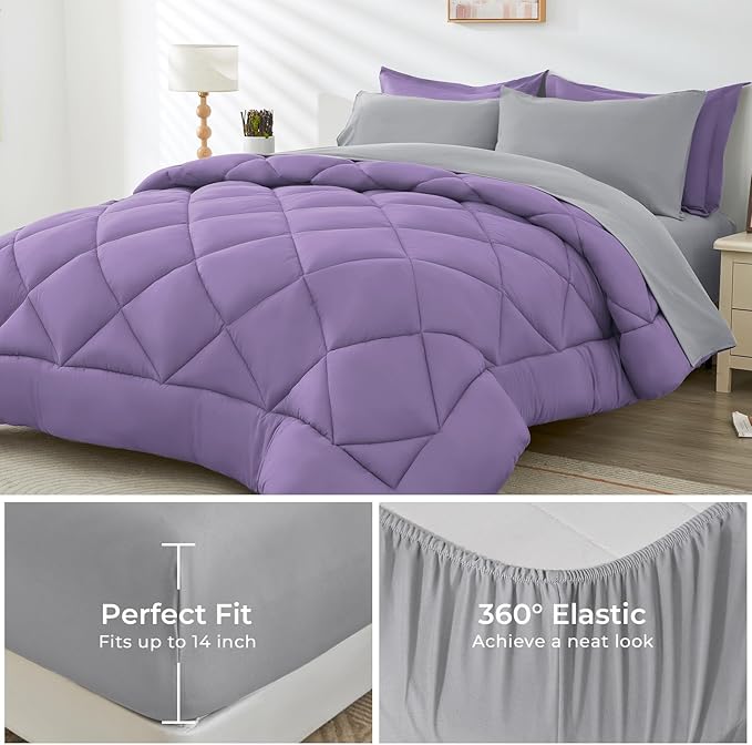 HEVUMYI King Comforter Set - 7-Piece All Season Bed in a Bag King, Ultra Soft Bedding Set with Comforter, Flat Sheet, Fitted Sheet, Pillowcases, Pillow Shams, Purple & Light Grey