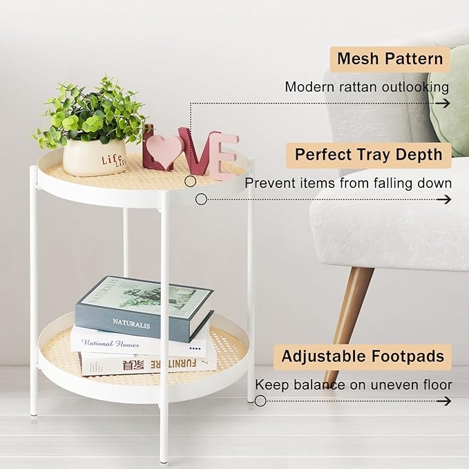TeoKJ All Metal Side Table, 2 Tier Anti Rust End Table with Imitation Rattan Pattern on Removable Trays, Round Table for Living Room, Small Nightstand for Bedroom 20.47 Inch x 16.54 Inch Pearl White