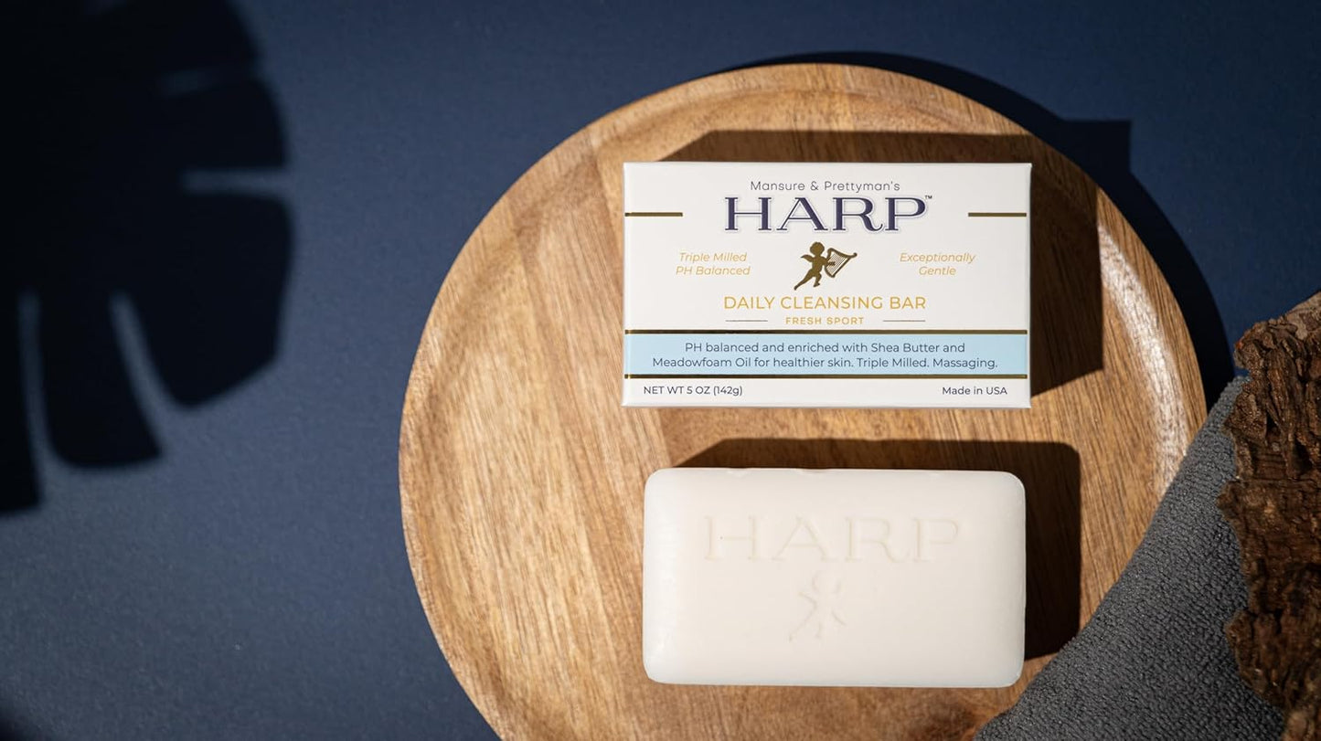 HARP pH-Balanced (5.0-6.0) Body Wash Bar. ZERO saponified oils. Protects Moisture Barrier. Gentle for Sensitive/Dry skin. + Shea Butter/Borage Oil. Non-Comedogenic. FRESH SPORT Fragrance.