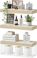 QEEIG Bathroom Shelves Over Toilet - Wall Mounted Floating Shelves Toilet Paper Storage Small Farmhouse Decor Shelf 16 inch Set of 3, Natural (019-BNW3)