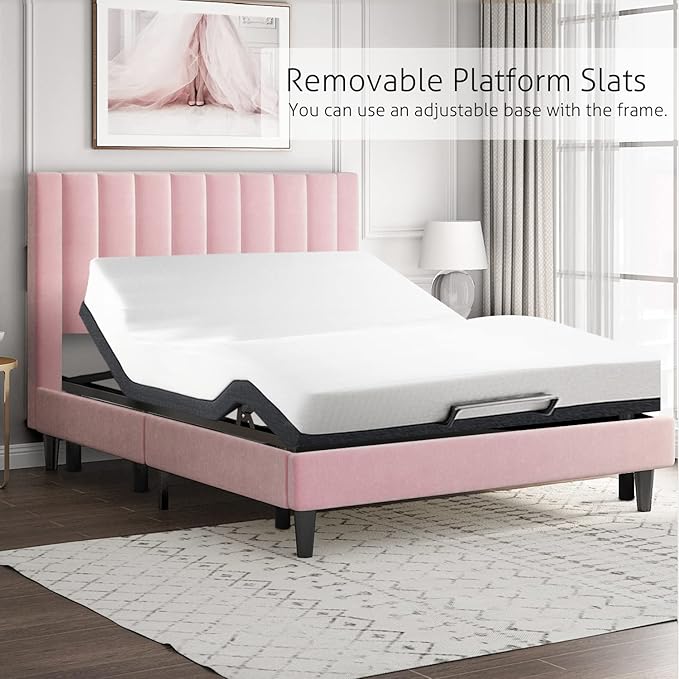 SHA CERLIN King Bed Frame/Velvet Upholstered Platform Bed Frame with Headboard/Strong Wood Slats Support/Mattress Foundation/No Box Spring Needed - Pink