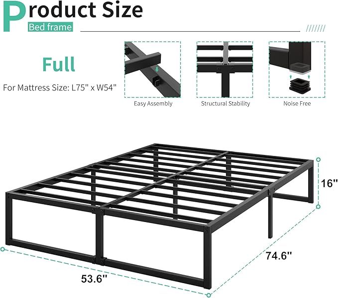 16 Inch Full Size Bed Frame No Box Spring Needed, Heavy Duty Metal Platform Beds with Sturdy Steal Slats for Mattress Foundation, Easy Assembly, Noise Free, Black