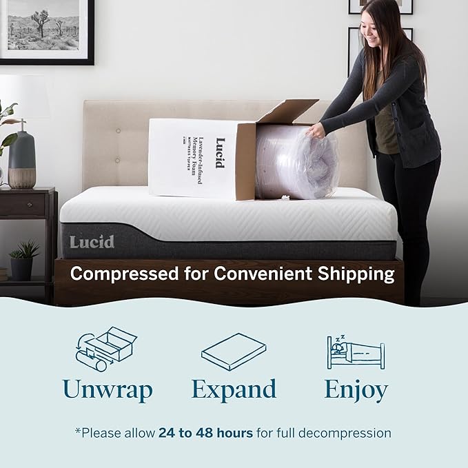 Lucid 2 Inch Lavender Infused Memory Foam Mattress Topper - Ventilated Design – Pressure Relieving Bed Topper - Mattress Pad – CertiPur Certified - King Size