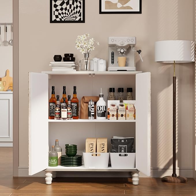 COSIEST 32" W Sideboard Buffet Cabinet with Storage, Accent Cabinet with 2 Push-to-Open Magnetic Doors, Vintage MDF Buffet Table for Living Room, Kitchen, Hallway (Gray,Firework Pattern)