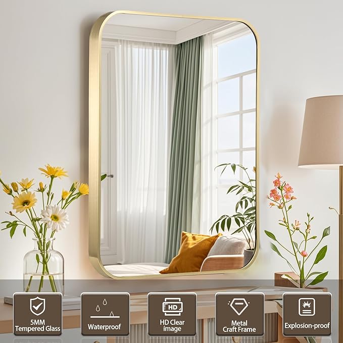 Gold Bathroom Mirror, 40x30 Inch Brushed Gold Mirror, Aluminum Alloy Framed Rectangle Bathroom Mirror for Over Sink, Anti-Rust Wall Mirror (Horizontally or Vertically)