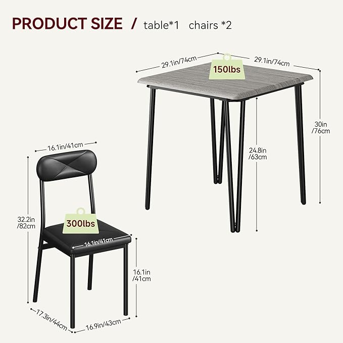 GarveeHome Dining Table Set for 2, Kitchen Table with Upholstered Chairs for Kitchen Room and Small Spaces (Grey, Table with 2 Chairs)