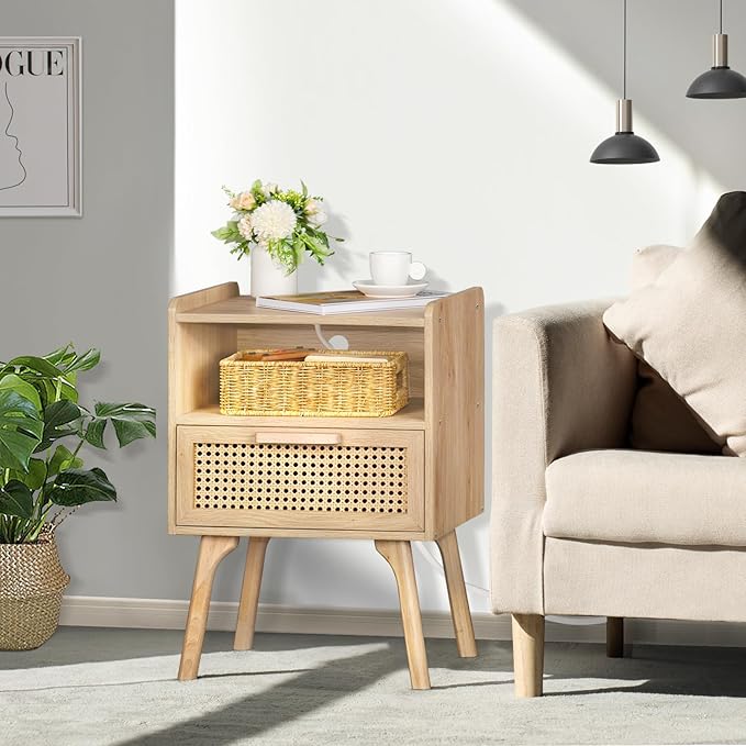 Lerliuo Rattan Nightstand with Charging Station, Boho Side Table with Drawer Open Shelf, Cane Accent Bedside End Table for Bedroom, Dorm and Small Spaces