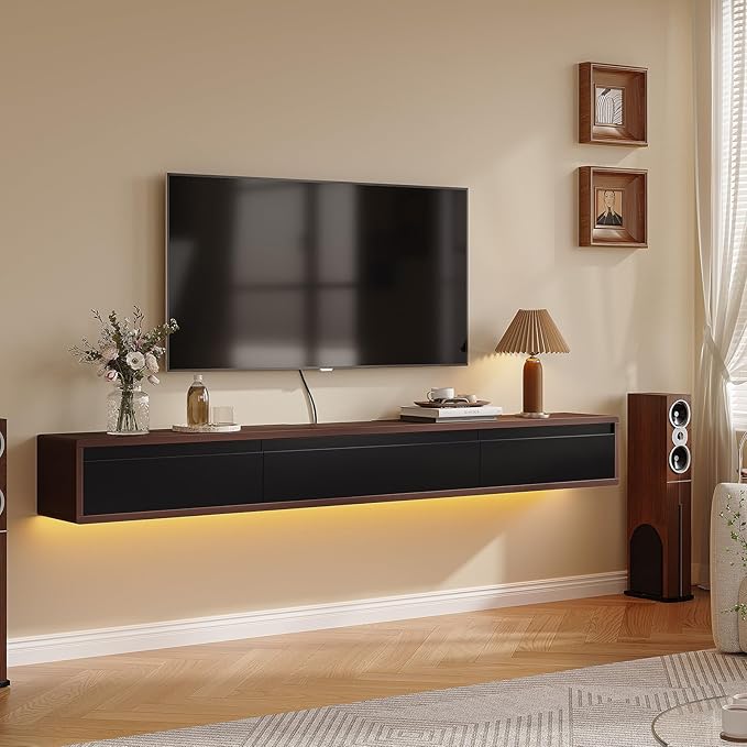 Floating TV Stand Matte Finish, 47'' Wall-Mounted TV Cabinet,Floating TV Console,Under TV Shelf with 3 Doors for Living Room Bedroom(Walnut+Black)