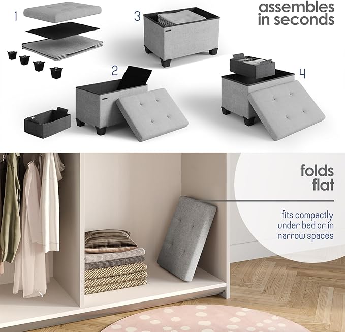 STORAGEBUD Storage Ottoman Cube with Small Bin, 16-in Square Ottoman with Storage for Living Room and Bedroom, Small Ottomans Foot Rest, Fabric Foot Stools Ottomans Max 330lbs, Light Grey