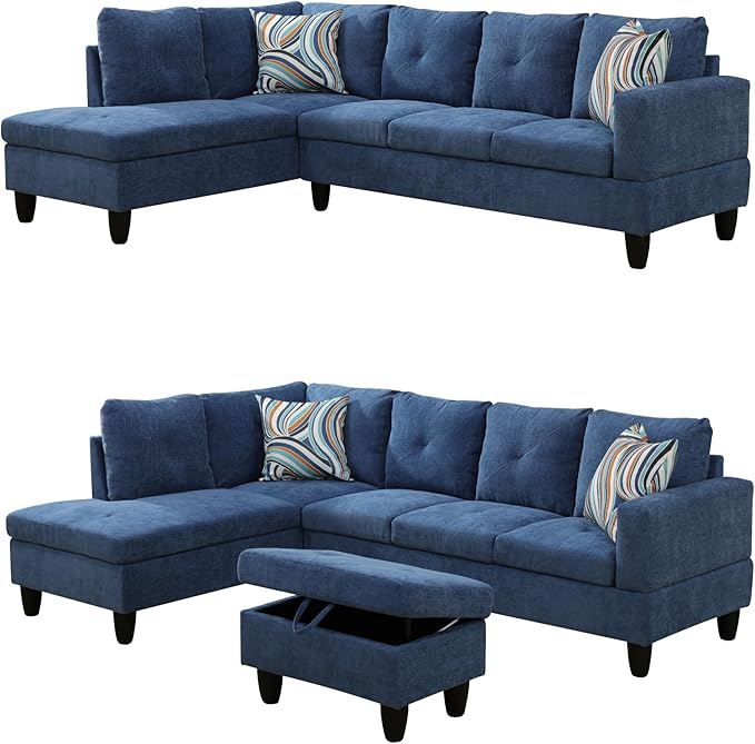 97" L Shaped Sectional Couch, Modern 4 Seat Modular Sectional Sofa with Storage Ottoman, Living Room Sets for Small Spaces, Apartment, Linen, Blue