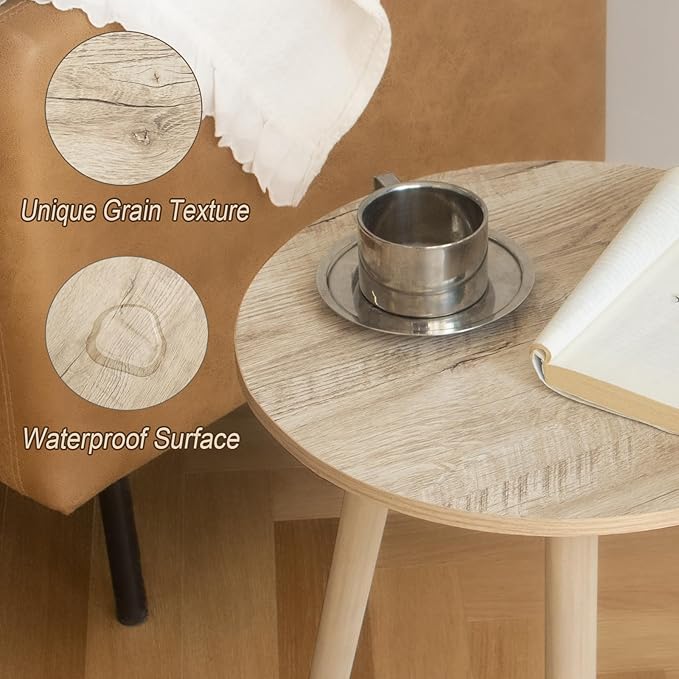 AWASEN Round Side Table, Modern Small End Table for Living Room, Wood Accent Drink Table for Small Space with Solid Wood Legs, Easy Assembly, Rustic White Oak
