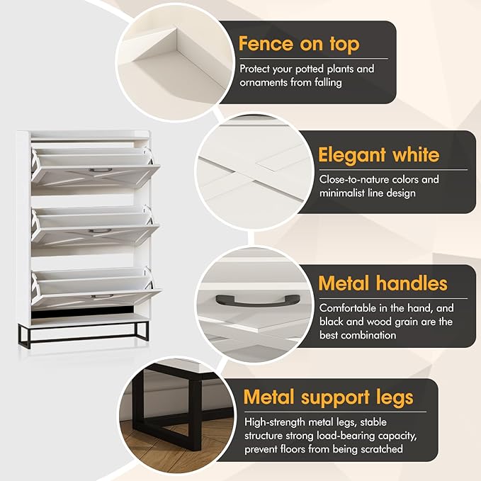 Maupvit Shoe Storage Cabinet with 3 Flip Drawers, Freestanding Organizer with Metal Legs for Entryway, Narrow Shoe Rack Cabinet, White