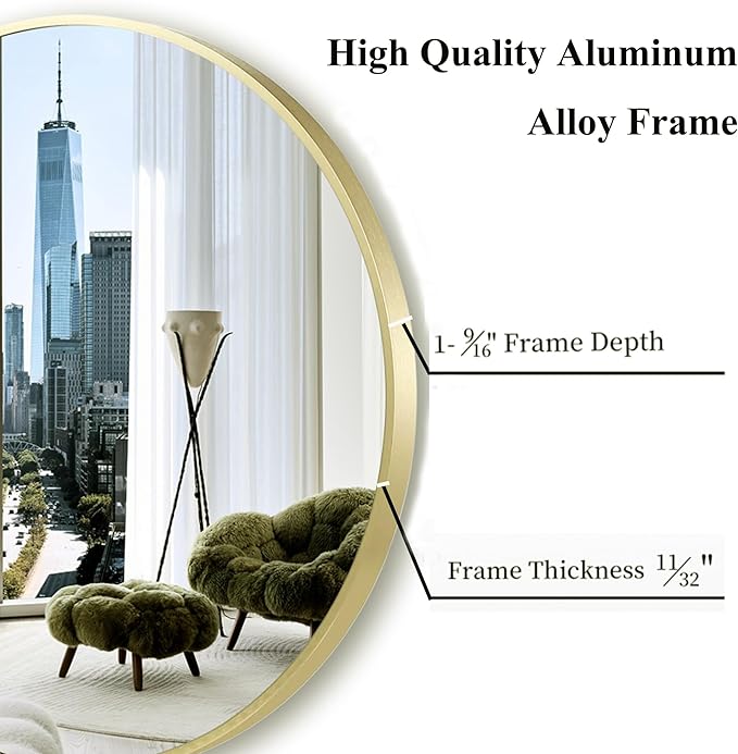 Large Round Gold Mirror 36 inch, Matte Gold Circle Mirror for Wall, Bathroom, Living Room, Hallway -Metal Framed Circular Decor
