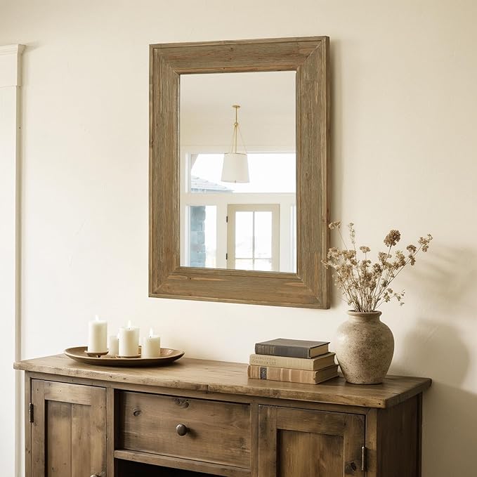 WallBeyond Rustic Wood Framed Mirror, 24" x 32" Farmhouse Decorative Wall Mirror, Vintage Solid Wood Rectangular for Bathroom, Entryway & Living Room, Natural