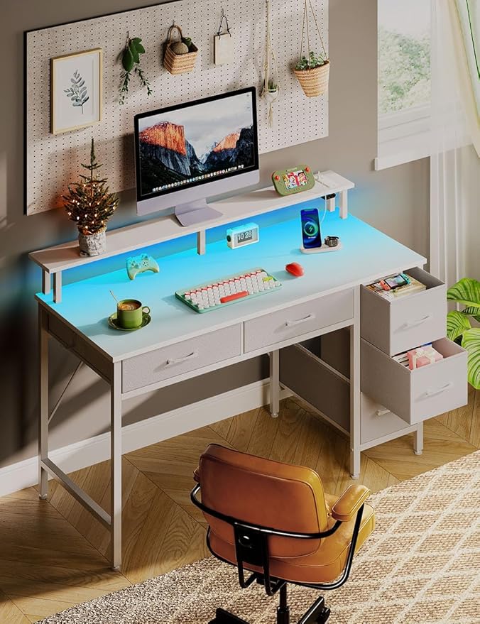 Seventable Computer Desk with Power Outlets & LED Light, 47 inch Home Office Desk with 5 Drawers, Writing Desk with Monitor Stand, Work Desk for Home Office, White
