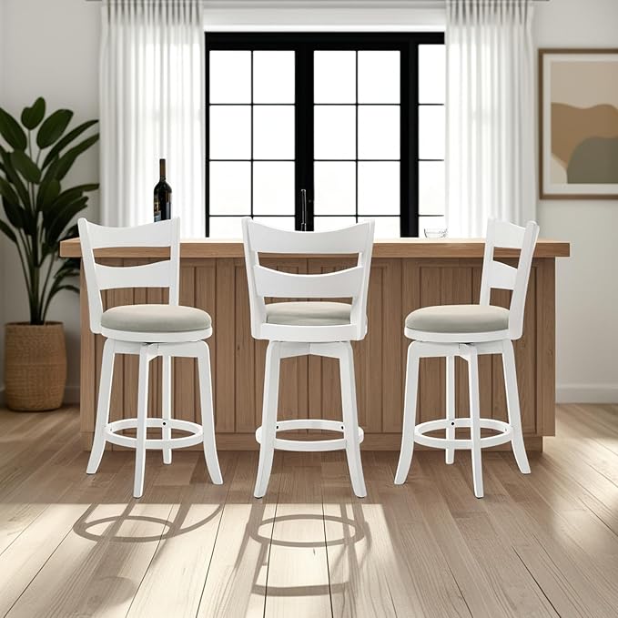 Armen Living Blair 30 in. Matte White Bar Height Rubberwood Swivel Barstool with Fog Fabric Seat - Set of 2