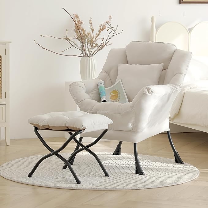 Lazy Chair with Ottoman, Modern Large Accent Lounge Chair with a Pillow, Leisure Sofa Armchair with Ottoman, Reading Chair with Footrest for Bedroom, Living Room, Dorm Room,Peach Beige
