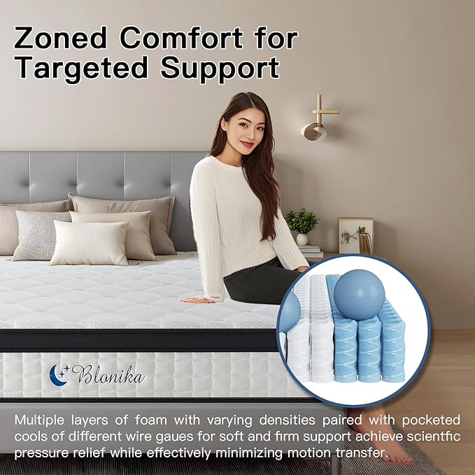 Queen Size 10 Inch Gel Memory Foam Mattress with Individual Pocket Spring for Pressure Relief & Motion Isolation, Premier Comfort Night Sleep, Medium Firm Hybrid Queen Mattress in a Box