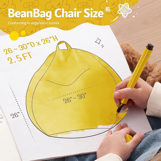 Homguava 2FT Bean Bag Chair: 2' Bean Bags with Memory Foam Filled,Comfy Beanbag Chairs Round Bean Bag Sofa with Dutch Velvet Cover-Yellow