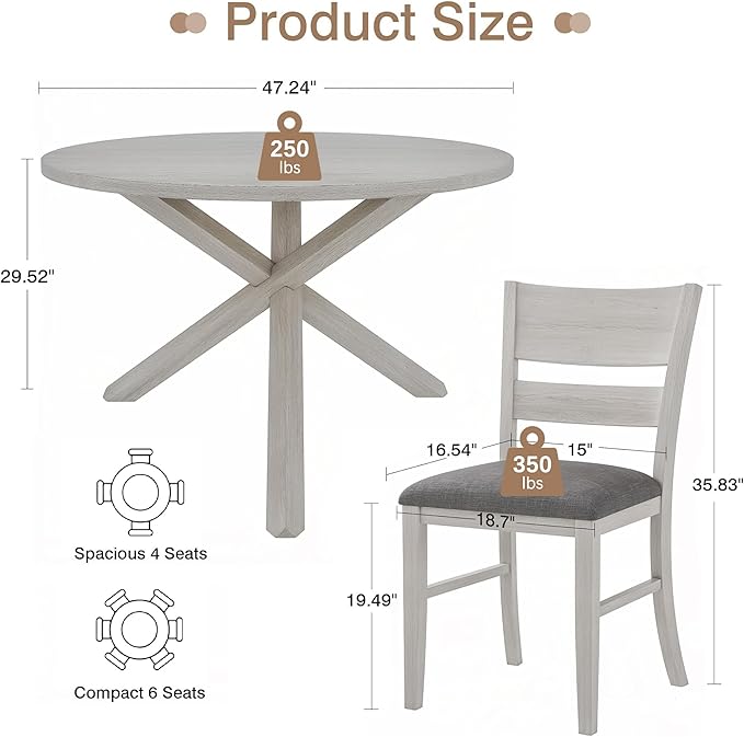 VECELO Peatuk 4-Piece Solid Wood Dining Table Set for 4-6, Modern Breakfast Dinette Kitchen Table with Chairs for Dining Room, Kitchen, Grey