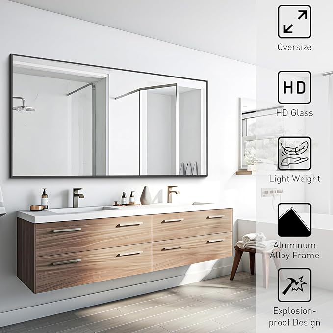 Black Bathroom Mirror for Wall, 30x50 Inch Rectangle Mirrors with Metal Frame, Modern Vanity Wall Mirror Decor for Bathroom Living Room, Entryway Hangs Horizontal or Vertical