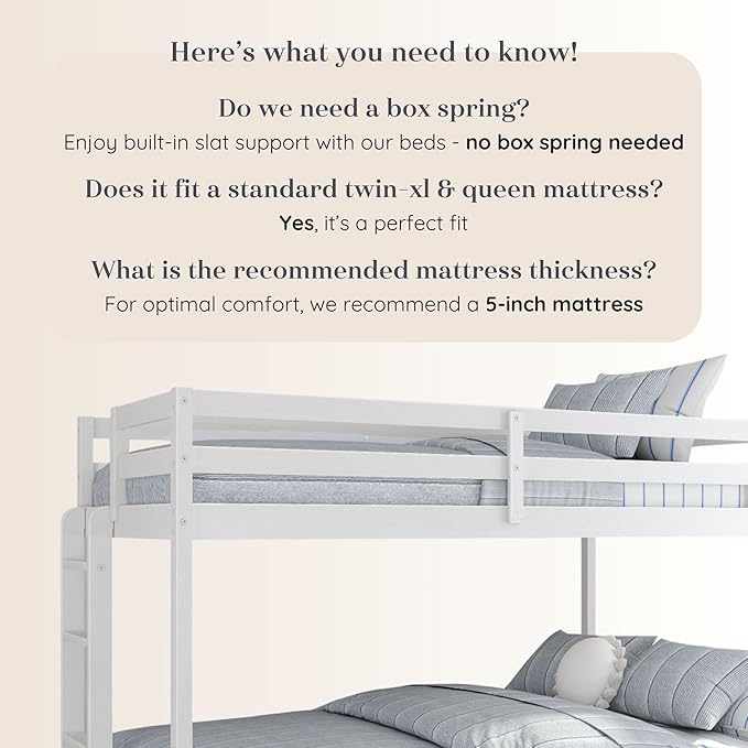 Grain & Grove Bear Twin XL Over Queen Bunk Bed, Sturdy Bunk Bed Frame for Kids, Plywood Bunk with Ladder, Guardrail, and Slats, No Box Spring Required, Brushed White