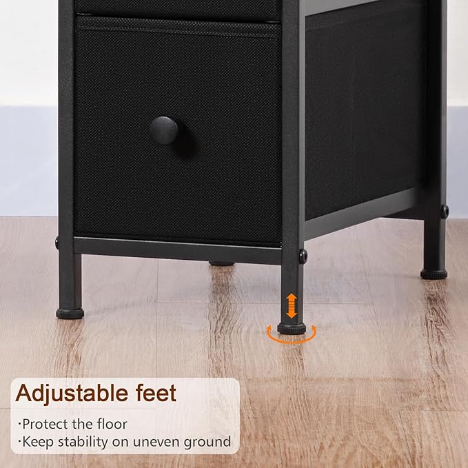 Narrow End Tables Living Room Set of 2 with Charging Station, Skinny Side Table with Fabric Drawers, Slim LED Nightstand for Bedroom, Small Spaces, Couch, Black, HETNDP03LBK