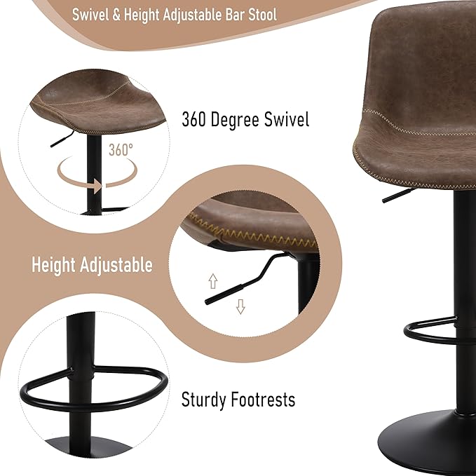Bar Stools, Swivel Counter Height Barstools with Back, Adjustable Modern Bar Chairs, Tall Armless PU Leather Kitchen Island Stool (Brown, Set of 4)