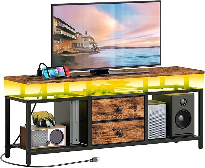 TV Stand with LED Light and Power Outlets, Entertainment Center with Fabric Drawers and Open Shelves, 41.7" TV Cabinet for TVs up to 45 Inch, Media Console for Living Room, Brown DS03UDBR