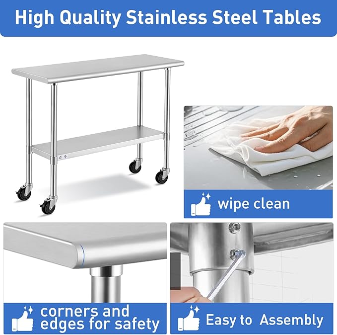 ROCKPOINT Stainless Steel Table for Prep & Work with Caster Wheels 24x48 Inches, NSF Metal Commercial Kitchen Heavy Duty Table with Adjustable Under Shelf and Table Foot for Restaurant, Home and Hotel