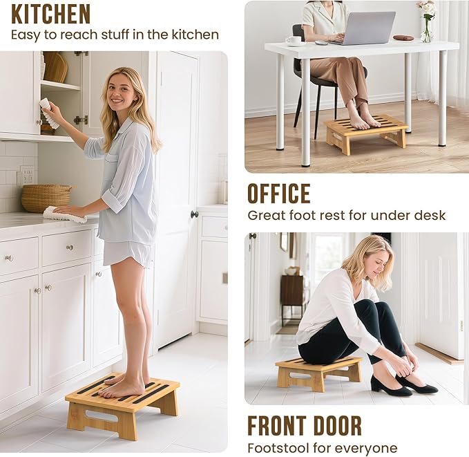 One Step Stool for Adults Seniors and Kids with Non-Slip Surface, Natural Bamboo Stepping Stools for High Bed, Bathroom and Kitchen, Hold Up to 450 LBS, Lightweight, Waterproof, Easy to Install