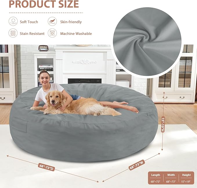 7FT Bean Bag Chair, Large Bean Bag Chairs with Memory Foam Filled, Fluffy Beanbag Sofa with Dutch Velvet Cover, Round BeanBag Chairs for Living Room, Playroom - Light Grey