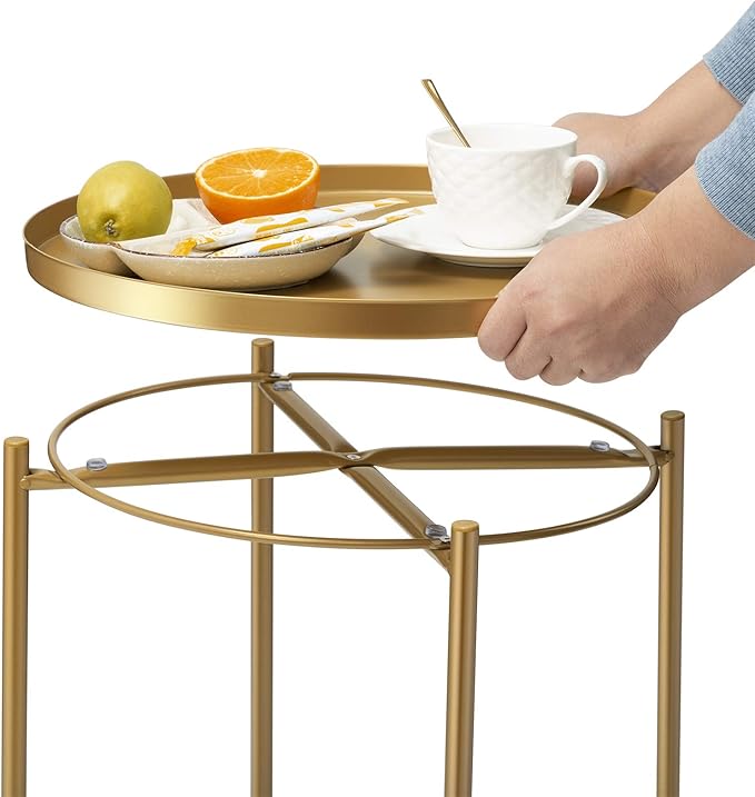 danpinera Gold Side Table, End Table for Small Spaces Outdoor Desk Round Metal Patio Coffee Nightstand Waterproof Removable Tray Desk for Living Room Bedroom Balcony Office