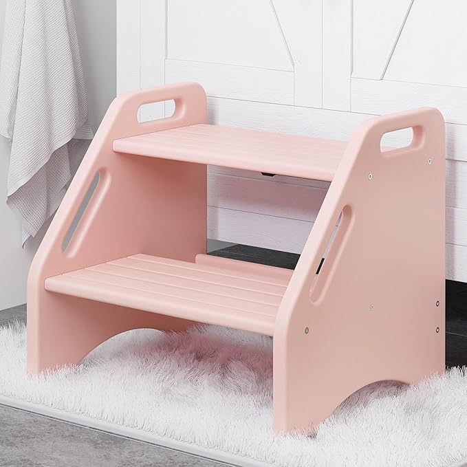 AMBIRD Wooden Step Stool, Two Step Stools Toddler 300 lbs Capacity with Safety Non-Slip Pads and Handles, Bamboo Step Stool for Bathroom, Kitchen Dual Height Step Stools for Kids (Pink)