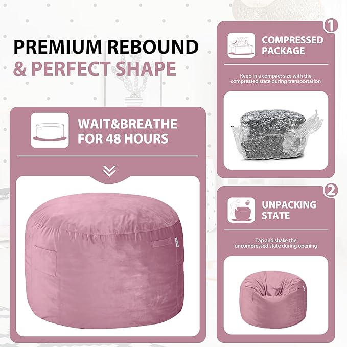 HABUTWAY Bean Bag Chair 3Ft Luxurious Velvet Ultra Soft Fur with High Rebound Memory Foam Bean Bag Chairs for Adults Plush Lazy Sofa with Fluffy Sponge 3' (Soft Pink)