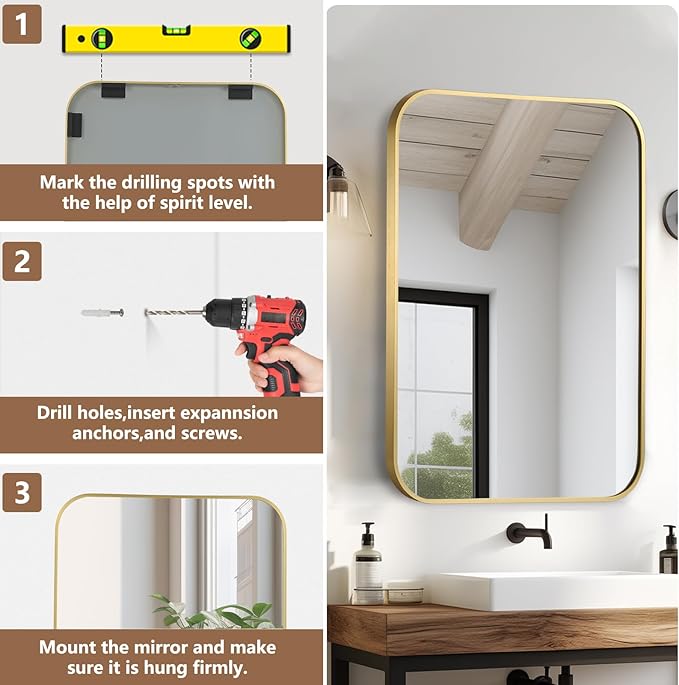 Brushed Gold Mirror, 16"x20" Rectangle Bathroom Mirror, Metal Frame Rectangle Corner Vanity Mirror, Wall Mounted Mirror for Modern, Living Room, Bedroom, Horizontal Or Vertical