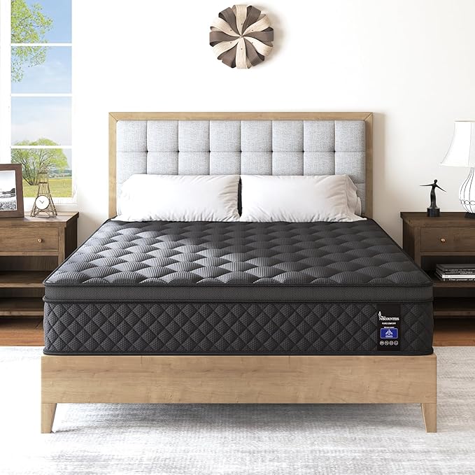 Hybrid Mattress, Medium Mattress Euro Top for Back & Lumbar Support, 100 Night Trial, Individual Pocket Spring Bed for Motion Isolation & Pressure Relief (14 Inch, Queen)