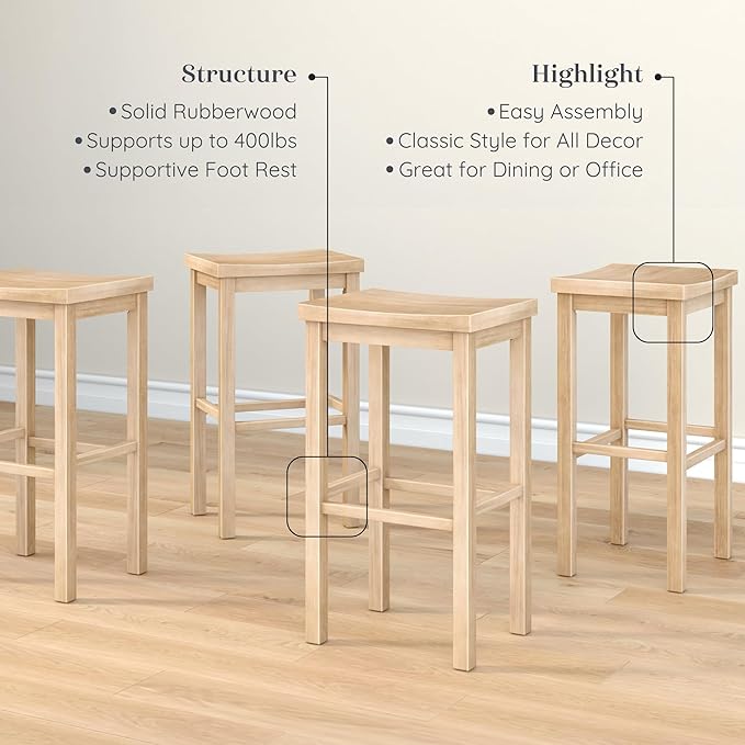 Grain & Grove Smith Collection Set of 4 Solid Wood Bar Stools, 30 inch Saddle-Seat Bar Chairs, Backless, Heavy-Duty Construction, Footrest Support, for Kitchen Islands, Home Bars, and Counters, Blonde