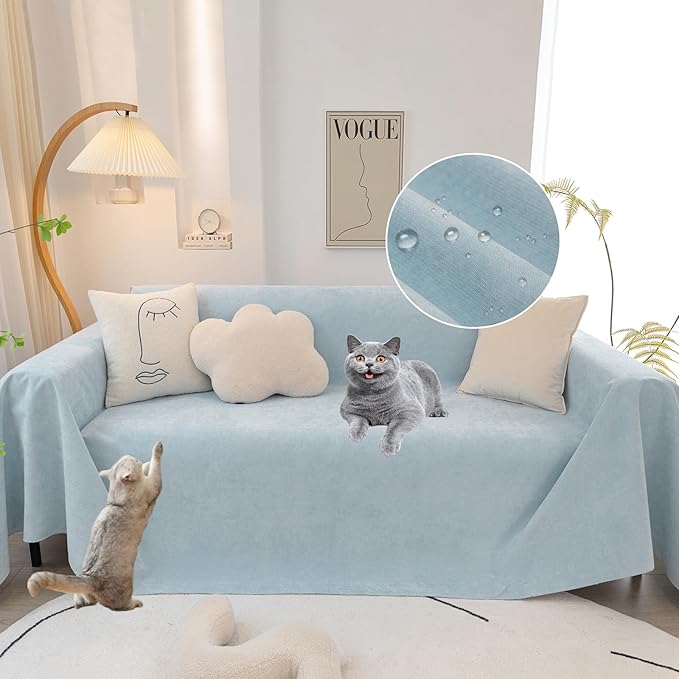 STACYPIK Waterproof Sky Blue Loveseat Couch Cover for Sectional, Couch Cover for Dogs, Anti-Slip Anti-Cat Scratch Furniture Protector for 2 Cushion Couch, Modern Couch Cushion Covers for Pets-71X102IN