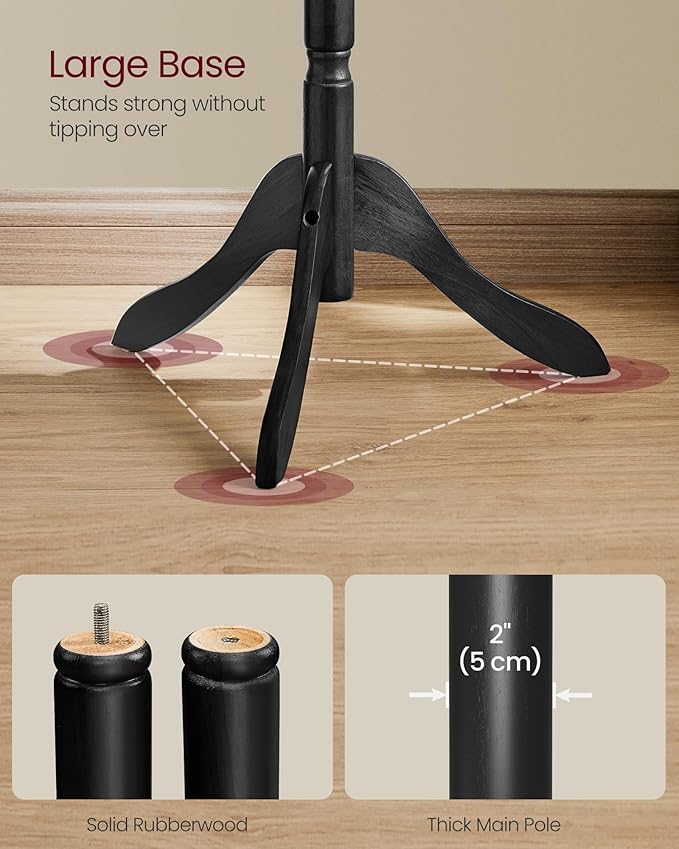 VASAGLE Solid Wood Coat Rack and Stand, Free Standing Hall Coat Tree with 10 Hooks for Hats, Bags, Purses, for Entryway, Hallway, Rubberwood, Ink Black URCR003B01